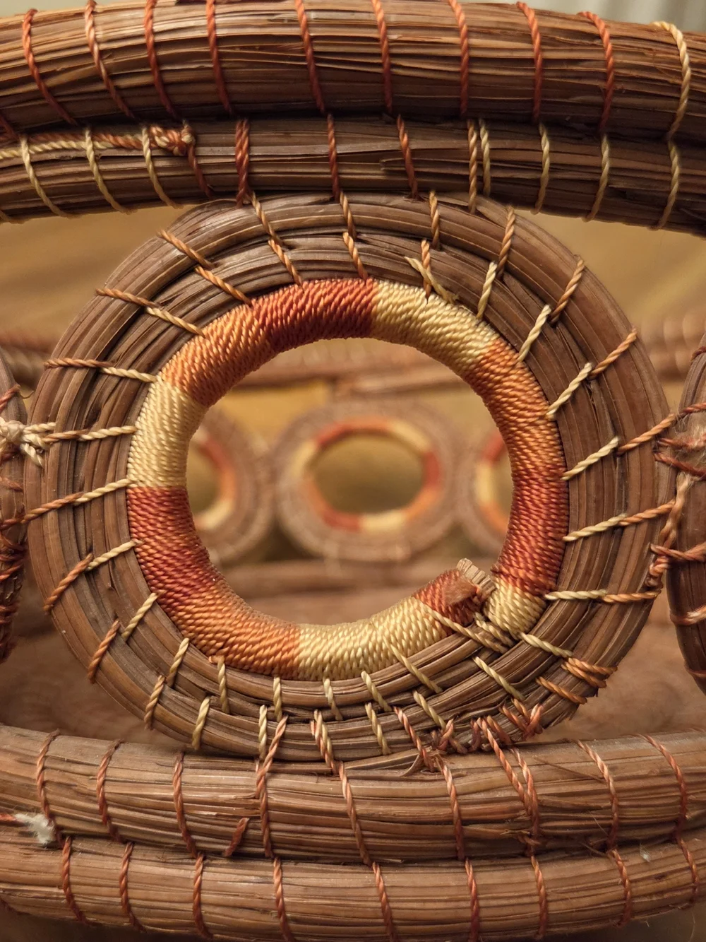 Handcrafted Coiled Pine Needle Basket Openwork Ring Design Boho Folk Art Rustic